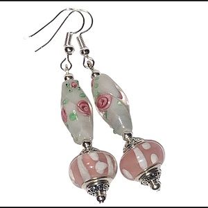 Handcrafted Glass Drop Earrings, pink and white